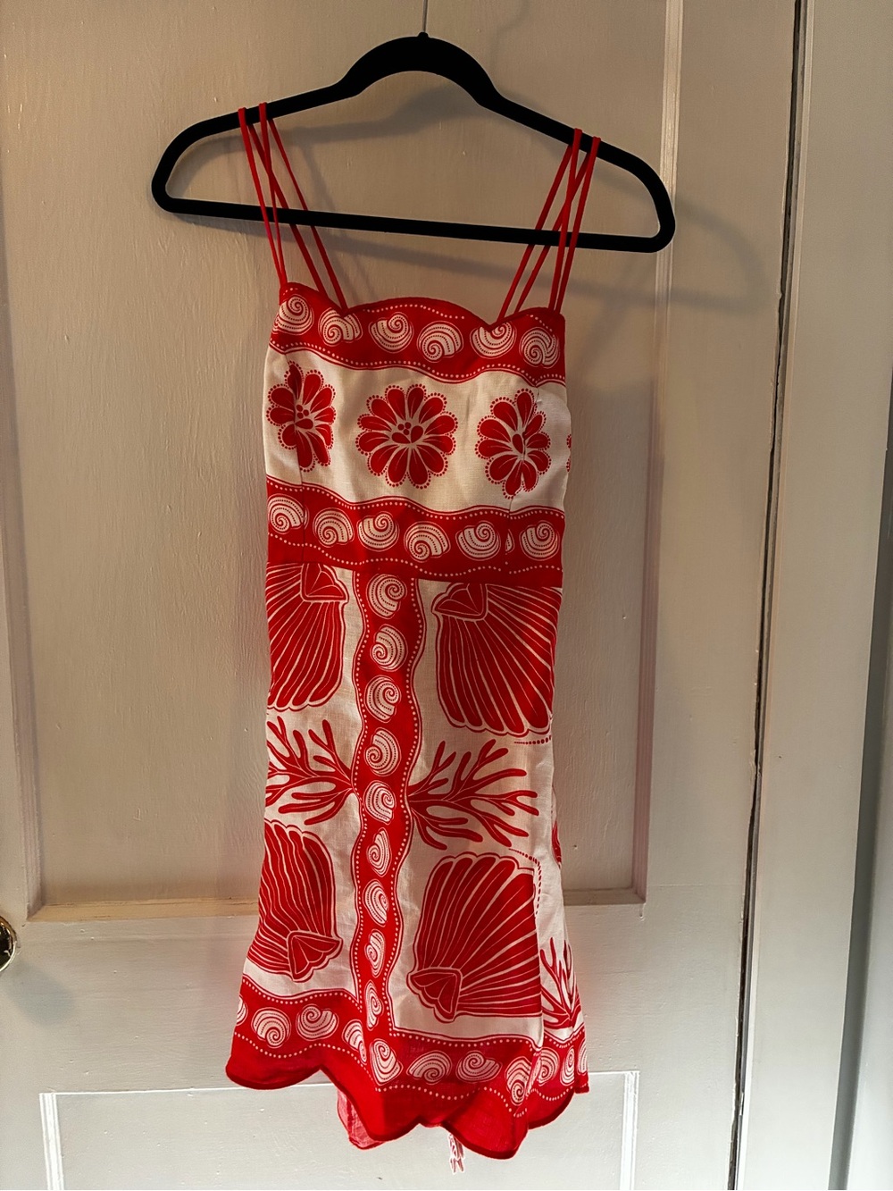 Farm RIO Red and White Floral Shell-Print Slip Dress
